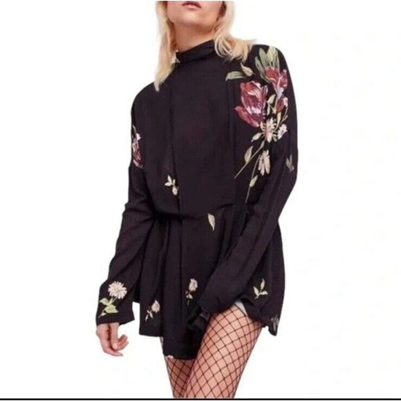 Free People Gemma Tunic Dress Mini Femme Floral Open Back Mock Neck XS - Picture 1 of 14